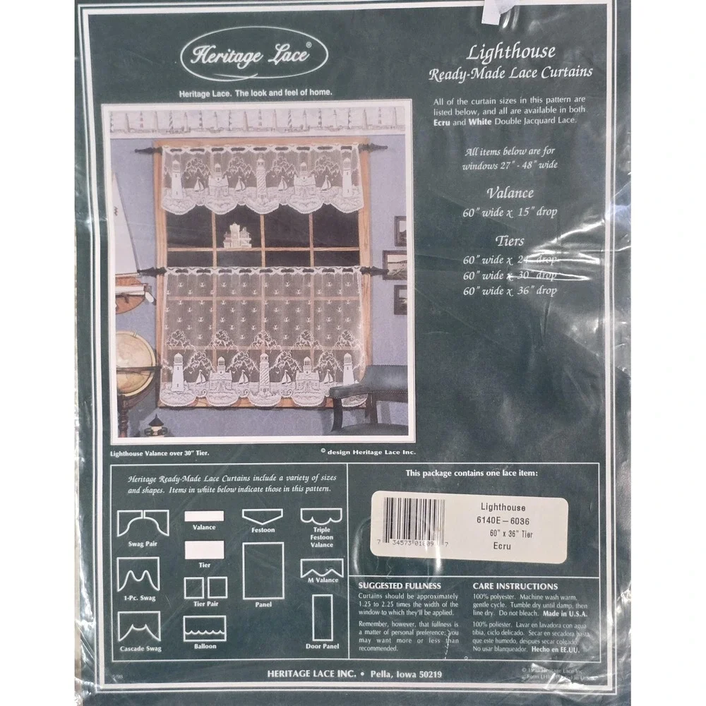 Vintage Heritage Lace Lighthouse Tier Curtain 60x36 Ecru Nautical Window